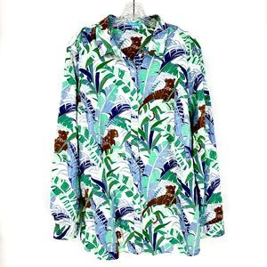 J. MCLAUGHLIN Women's XL 99% Cotton Blue Jungle Print LS Button-Up Top Blouse